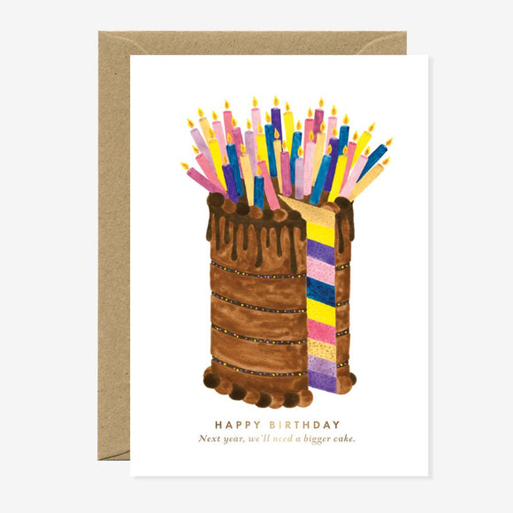 A birthday greeting card with a illustration of a chocolate cake with multicolored candles and a brown envelope.