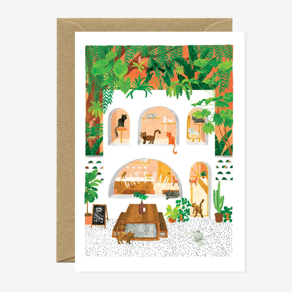 A greeting card with an illustration of a cat's bar, featuring various cats and plants, with a brown envelope.