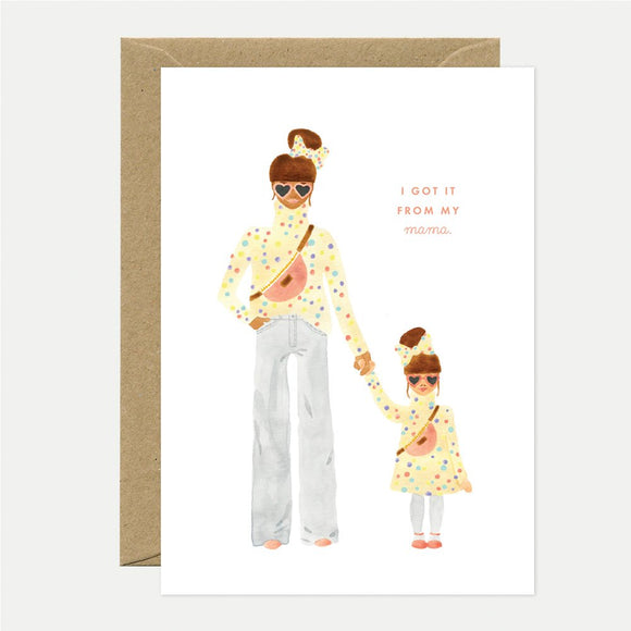 Illustrated greeting card depicting a mother and daughter with the text 'I GOT IT FROM MY MOMMA' on the mother's shirt, presented with a brown envelope.