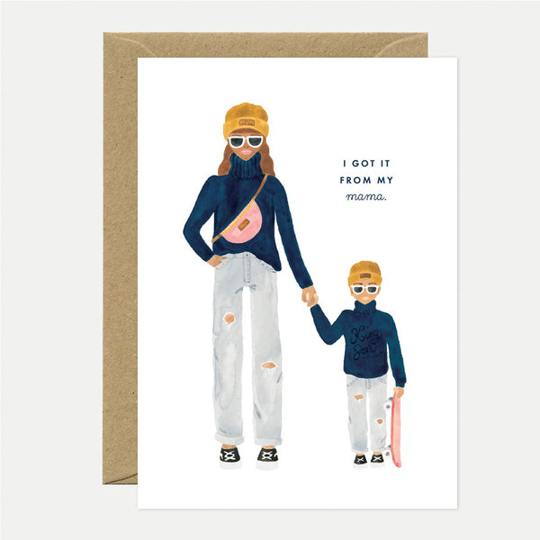 Illustrated greeting card depicting a mother and child with the text 'I GOT IT FROM MY MUM', accompanied by a brown envelope.
