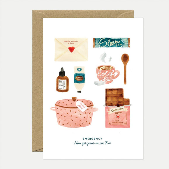 A greeting card with illustrations of a onesie, a pacifier, a bottle, a pot, and various other baby and mom-related items, with the text 'Emergency New gorgeous mom Kit'.