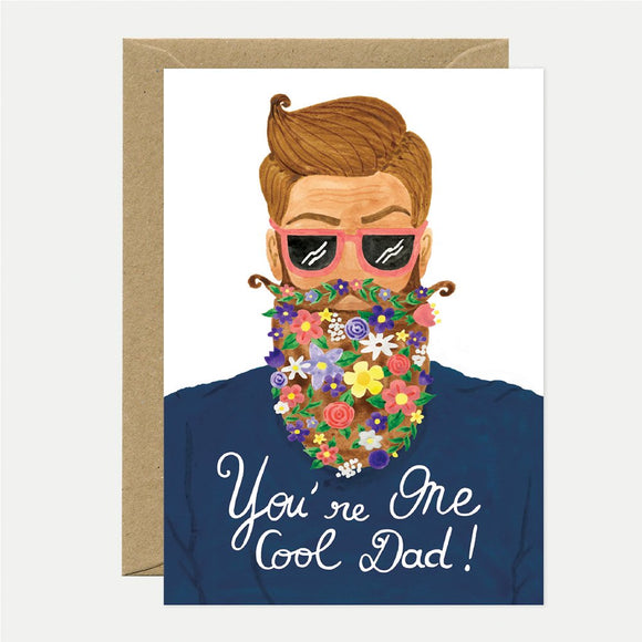 Greeting card with an illustration of a man with a flower beard and sunglasses, accompanied by the text 'You're One Cool Dad!' and a brown envelope.
