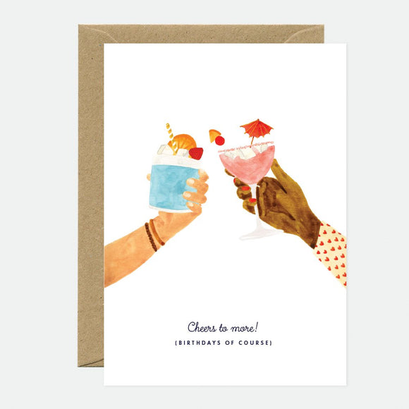 A birthday greeting card with an illustration of two people clinking glasses with colorful drinks, accompanied by the text 'Cheers to more! (Birthdays, of course!).