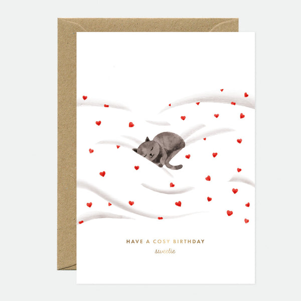 A greeting card with a picture of a cat lying down surrounded by red hearts, with a gold foil text that reads 'HAVE A COZY BIRTHDAY', and a brown envelope.