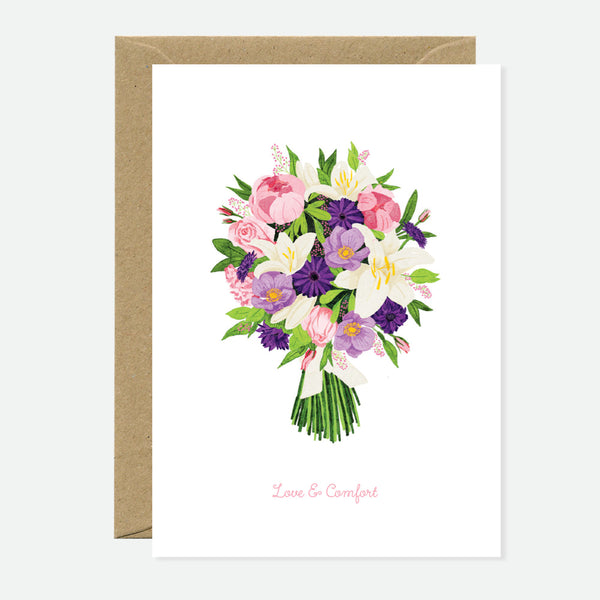 A greeting card with a floral bouquet illustration and the text 'Love & Comfort', accompanied by a brown envelope.