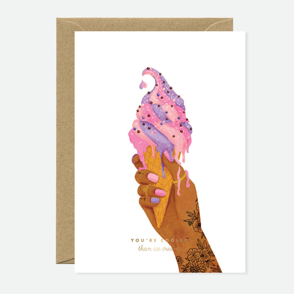 Greeting card featuring a melting pink and purple ice cream cone held by a tattooed hand, with playful gold foil text.