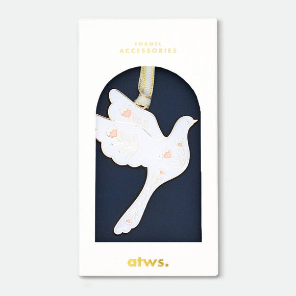 Dove Christmas Ornament by All the Ways to Say enamel with gold plating shaped like a dove symbolizing peace holiday decoration.