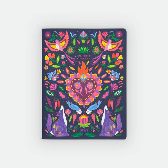 Mexican Monthly Planner by All the Ways to Say with folkloric patterns, gold foil cover and 100 pages for vibrant monthly planning.