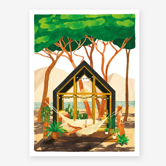 A poster with an illustration of a girl reading in a hammock, set against a backdrop of a beach scene with trees and sand.