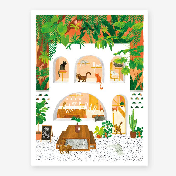 A colorful poster illustration of a cat cafe with various cats, plants, and a cozy interior.