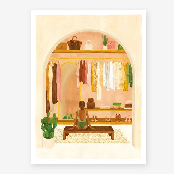 A illustrated poster depicting a person sitting in a dressing room with an array of clothing and accessories.