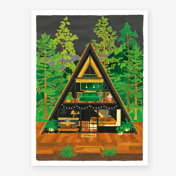 A poster depicting a cabin in Yosemite National Park surrounded by green trees.