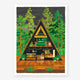 A poster depicting a cabin in Yosemite National Park surrounded by green trees.