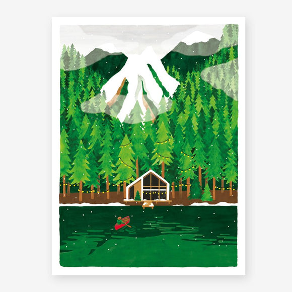 A poster with an illustration of a winter landscape featuring a cabin, trees, and mountains.