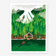 A poster with an illustration of a winter landscape featuring a cabin, trees, and mountains.