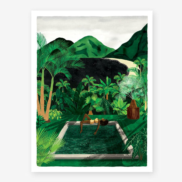 A poster depicting a girl in a pool with a tropical and forest background.