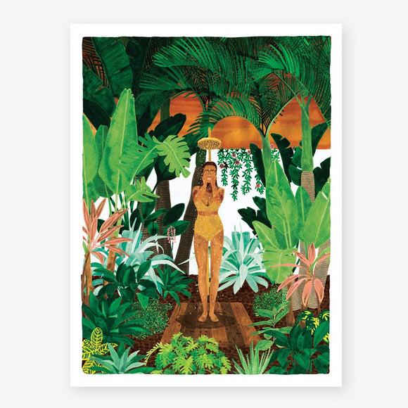 This image features a vibrant and artistic poster titled "Summer Shower." It depicts a serene scene of a girl taking a shower in a lush, tropical garden.