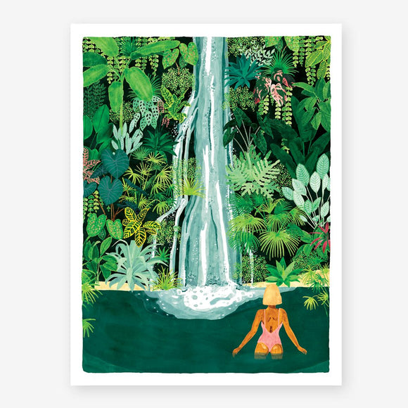 A poster with an illustration of a girl sitting in front of a waterfall surrounded by green foliage.