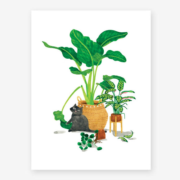 A poster showing a cat and plants.