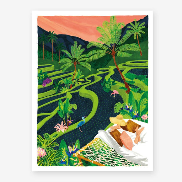 A poster depicting a colorful artistic representation of a girl in a hammock with a view of rice paddies and tropical landscape.