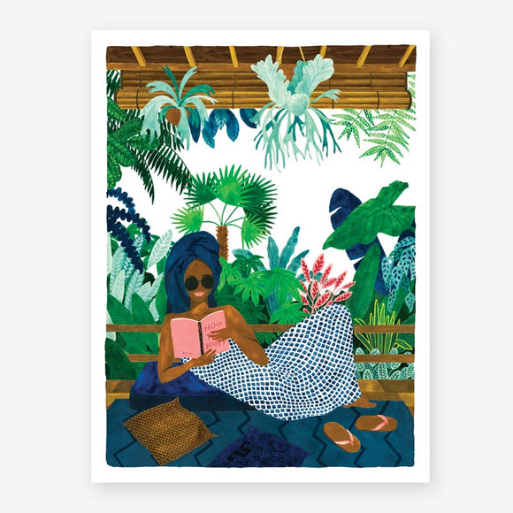 A poster showing a girl reading in a cozy botanical terrace.
