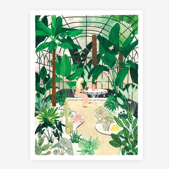 A poster showing a girl having a drink and reading in her greenhouse.