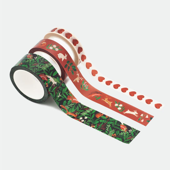White Bunny Washi Tape Set – 3 rolls of decorative tapes with forest animals, hearts, and gold foil accents by All the Ways to Say.