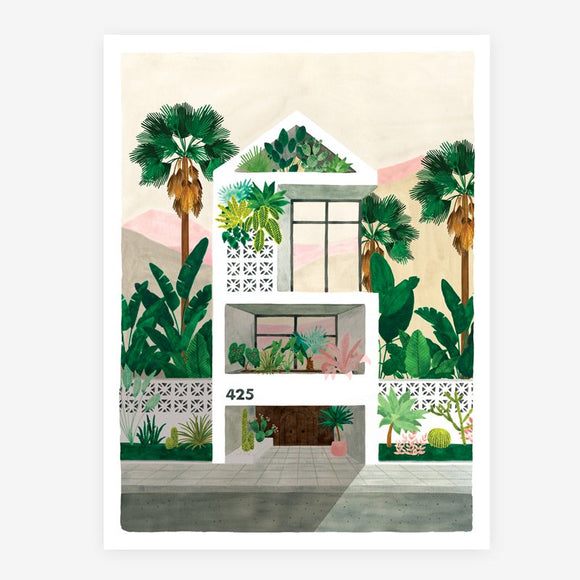 A poster showing a modern house in a heavenly landscape filled with palm trees and plants.