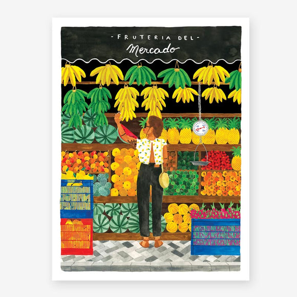 A colorful poster depicting a woman selecting fruits at a market stall.
