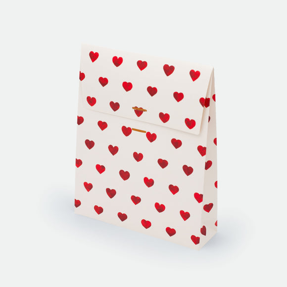 Red Hearts Gift Bag by All the Ways to Say featuring white background with red heart pattern on matte coated cardstock, available in small and large sizes.