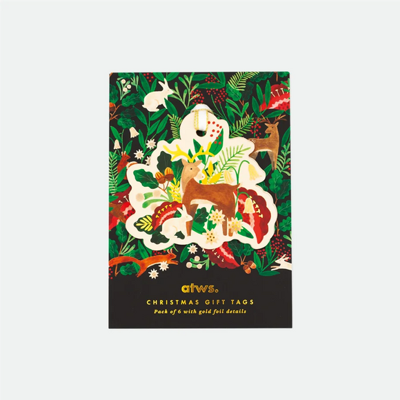 White Bunny Gift Tag Set – pack of 6 paper tags with deer, rabbits, festive forest foliage, and gold foil details, by All the Ways to Say.