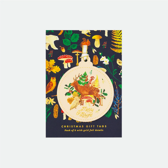 Winter Herbarium Gift Tag Set – pack of 6 paper tags with forest animals, mushrooms, foliage, and gold foil details, by All the Ways to Say.
