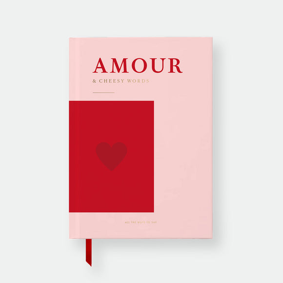 Hardcover notebook A5 with pink and red cover, heart illustration, gold foil “Amour” title and red ribbon bookmark by All the Ways to Say.