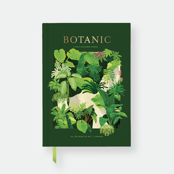 Hardcover notebook A5 with green cover, tropical leaf jungle illustration, gold foil “Botanic” title and green ribbon bookmark by All the Ways to Say.