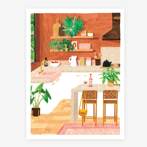 A poster showing a cozy orange kitchen full of plants.