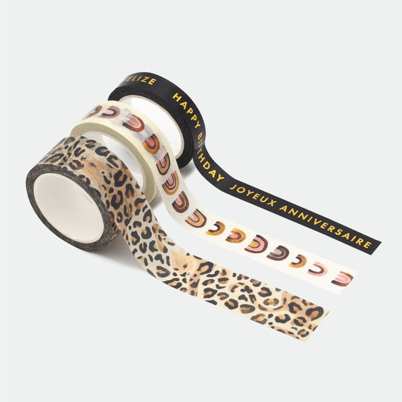 Leopard Washi Tape Set – 3 rolls with leopard print, rainbow pattern, and birthday design with gold foil accents by All the Ways to Say.