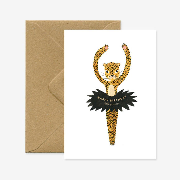 A birthday greeting card with a illustration of a leopard wearing a ballet outfit, accompanied by a brown envelope.