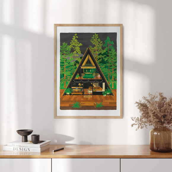 A poster showing a cabin inside the Yosemite National Park.