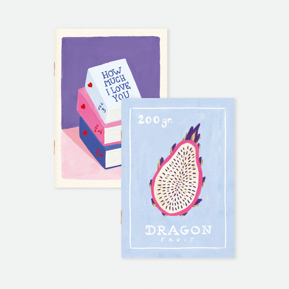 Set of two A6 pocket notebooks, one with a book stack illustration and “How Much I Love You” text, the other with dragon fruit design, gold foil details.