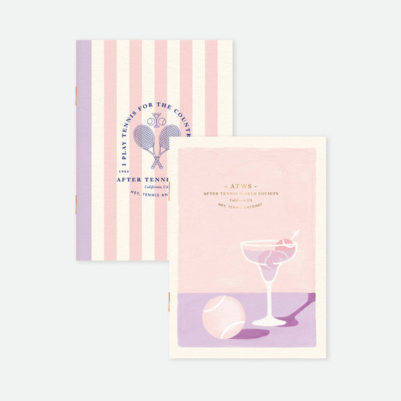 Set of two A6 pocket notebooks, one with pink and lilac stripes and tennis racket illustration, the other with cocktail glass and tennis ball design, gold foil details.