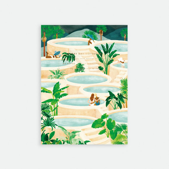 A5 notebook with a colorful cover featuring a tropical spa scene with palm trees and people.