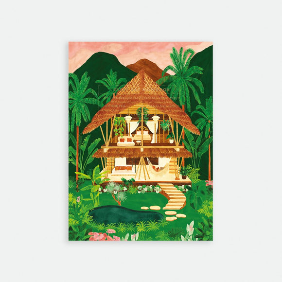 A5 notebook with a colorful cover featuring a stylized house in a tropical setting with palm trees and a thatched roof.