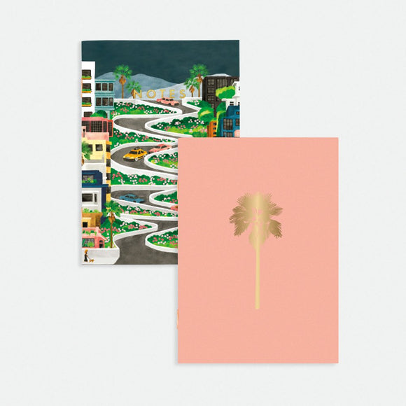Lombard Street Pocket Notebook A6 Duo – illustrated cover with San Francisco winding street and golden palm design, by All the Ways to Say.
