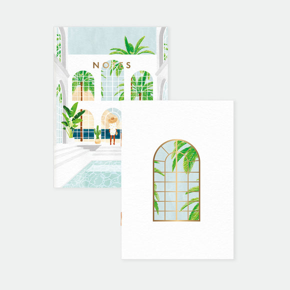White House Pocket Notebook A6 Duo – illustrated covers with bright white architecture, tropical plants, pool, and golden window design, by All the Ways to Say.