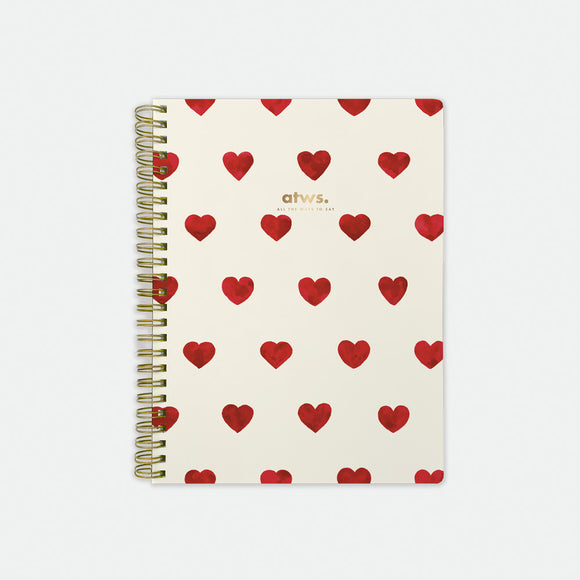 Heart Spiral Notebook – cream cover with red watercolor heart pattern, gold foil details, spiral binding, by All the Ways to Say.