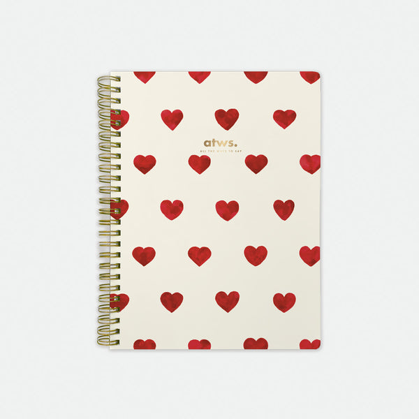 Heart Spiral Notebook – cream cover with red watercolor heart pattern, gold foil details, spiral binding, by All the Ways to Say.