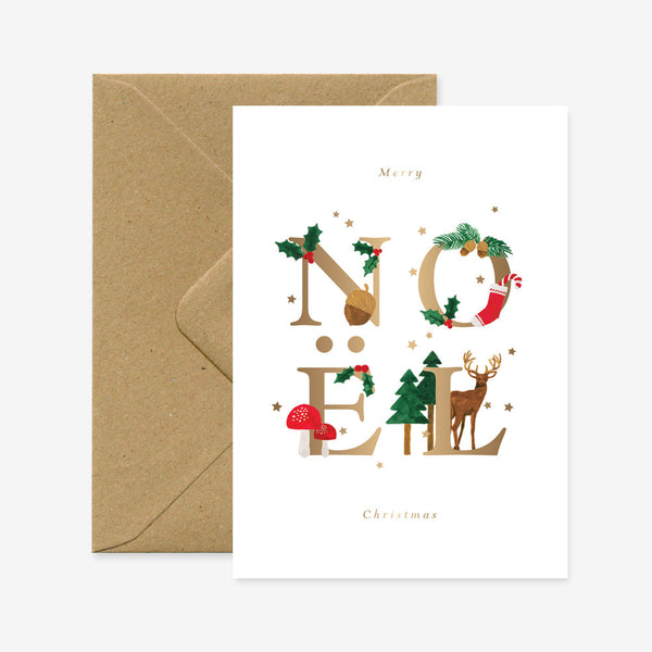 A Christmas greeting card with the letters 'NOEL' decorated with festive elements like a reindeer, Christmas tree, and snowflakes, accompanied by a brown envelope.