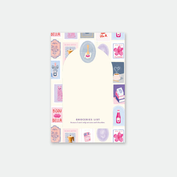 A notepad with the title 'GROCERIES LIST' at the top, featuring various colorful illustrations related to grocery shopping such as a shopping cart, bottles, and fruits.