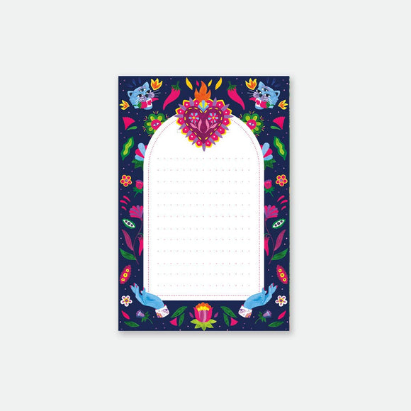 A colorful Mexican-themed notepad with a vibrant design featuring flowers, birds, and traditional patterns.