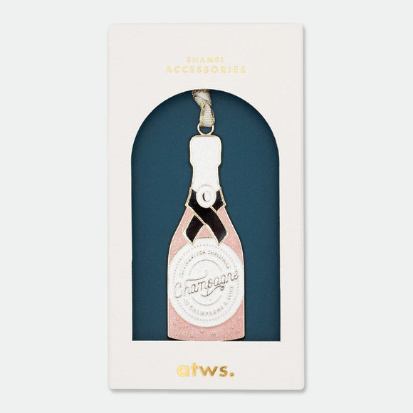 Champagne Christmas ornament shaped like a gold-plated enamel champagne bottle with golden ribbon – festive décor by All the Ways to Say.